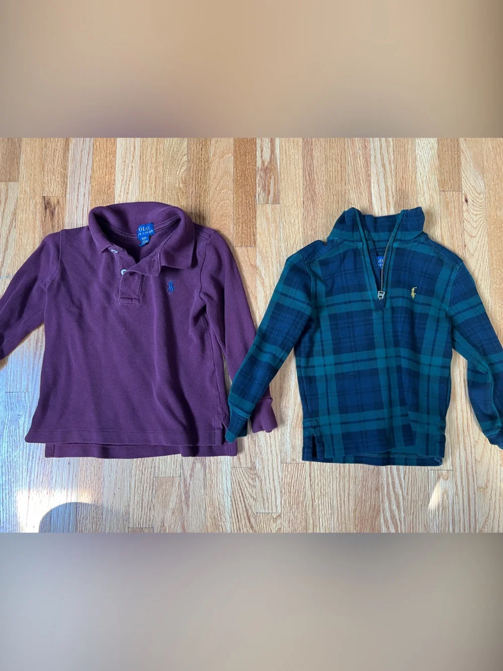 RL Polo Kids combo: Burgondy Long Sleeve Polo & Green Plaid qtr zip